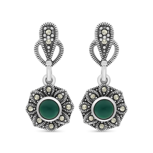 [EAR04MAR00GAGA372] Sterling Silver 925 Earring Embedded With Natural Green Agate And Marcasite Stones