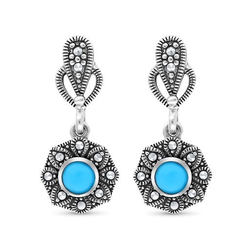 [EAR04MAR00TRQA372] Sterling Silver 925 Earring Embedded With Natural Processed Turquoise And Marcasite Stones