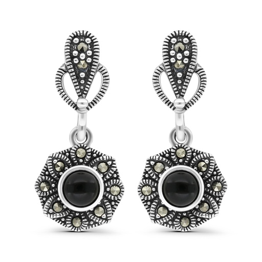 [EAR04MAR00ONXA372] Sterling Silver 925 Earring Embedded With Natural Black Agate And Marcasite Stones