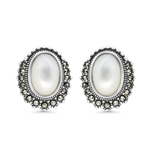 [EAR04MAR00MOPA373] Sterling Silver 925 Earring Embedded With Natural White Shell And Marcasite Stones