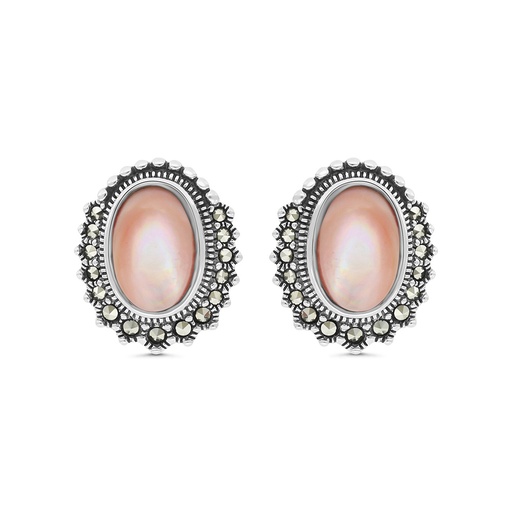 [EAR04MAR00PNKA373] Sterling Silver 925 Earring Embedded With Natural Pink Shell And Marcasite Stones