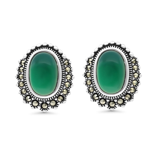 [EAR04MAR00GAGA373] Sterling Silver 925 Earring Embedded With Natural Green Agate And Marcasite Stones