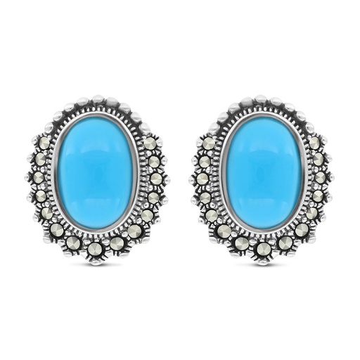 [EAR04MAR00TRQA373] Sterling Silver 925 Earring Embedded With Natural Processed Turquoise And Marcasite Stones