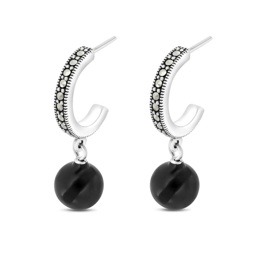 [EAR04MAR00ONXA376] Sterling Silver 925 Earring Embedded With Natural Black Agate And Marcasite Stones