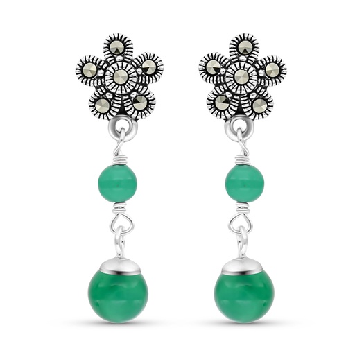[EAR04MAR00GAGA377] Sterling Silver 925 Earring Embedded With Natural Green Agate And Marcasite Stones