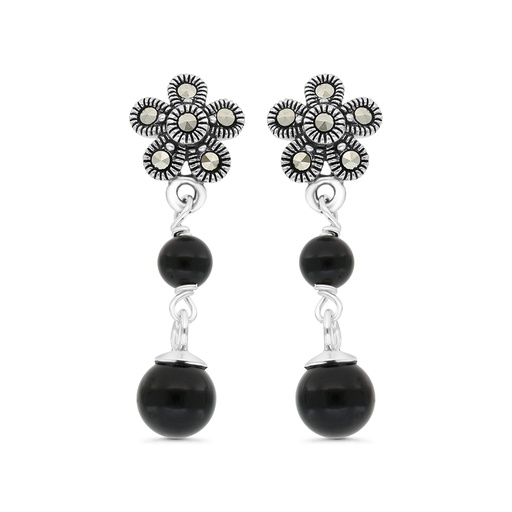 [EAR04MAR00ONXA377] Sterling Silver 925 Earring Embedded With Natural Black Agate And Marcasite Stones