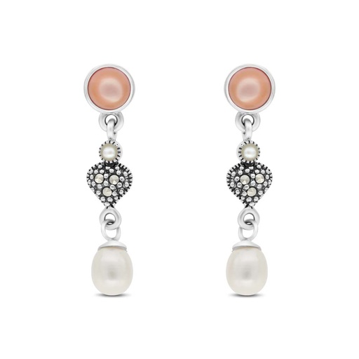 [EAR04MAR00PNKA378] Sterling Silver 925 Earring Embedded With Natural Pink Shell And White Shell Pearl And Marcasite Stones