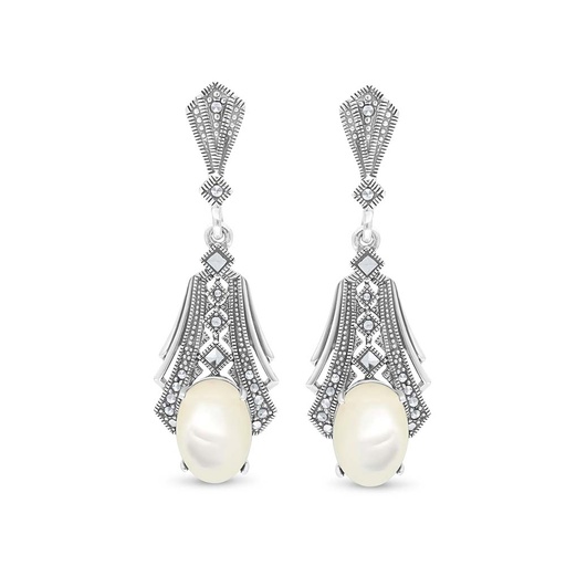 [EAR04MAR00MOPA384] Sterling Silver 925 Earring Embedded With Natural White Shell And Marcasite Stones