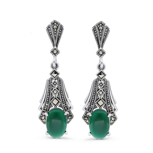 [EAR04MAR00GAGA384] Sterling Silver 925 Earring Embedded With Natural Green Agate And Marcasite Stones