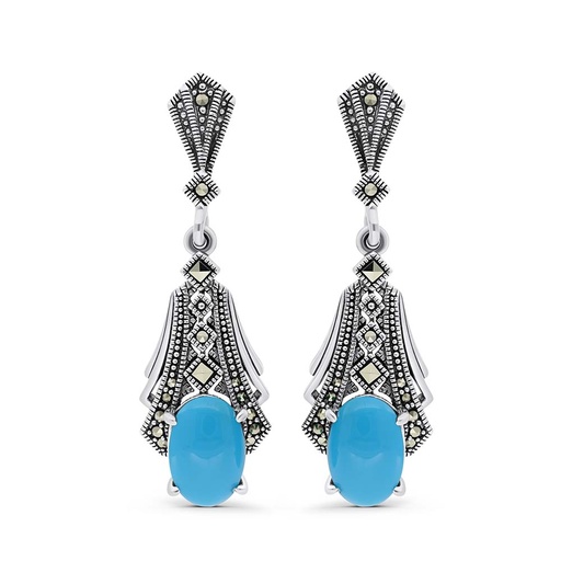 [EAR04MAR00TRQA384] Sterling Silver 925 Earring Embedded With Natural Processed Turquoise And Marcasite Stones