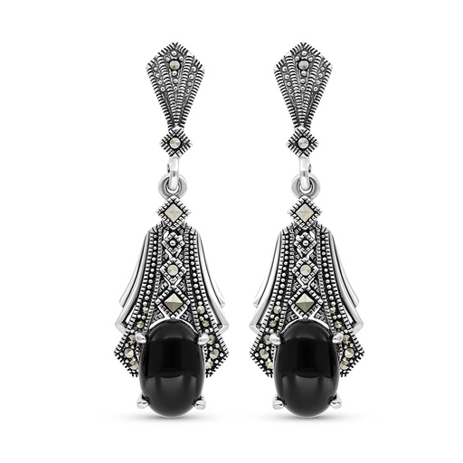 [EAR04MAR00ONXA384] Sterling Silver 925 Earring Embedded With Natural Black Agate And Marcasite Stones