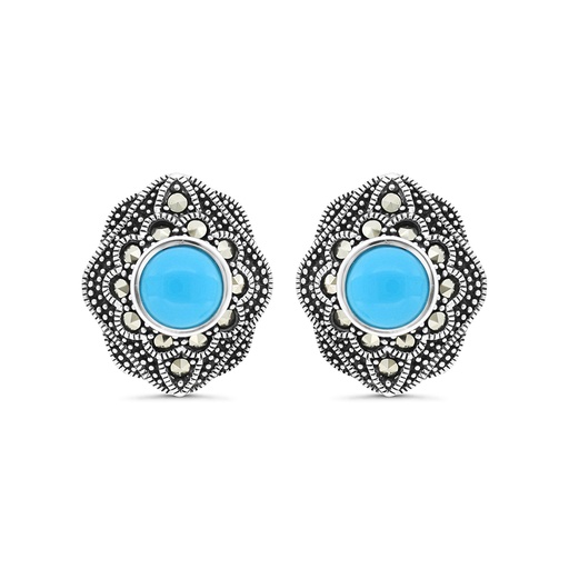 [EAR04MAR00TRQA386] Sterling Silver 925 Earring Embedded With Natural Processed Turquoise And Marcasite Stones