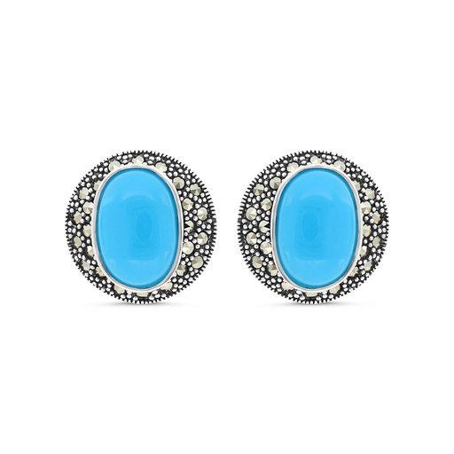 [EAR04MAR00TRQA387] Sterling Silver 925 Earring Embedded With Natural Processed Turquoise And Marcasite Stones