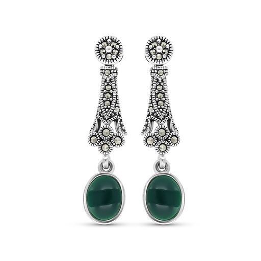 [EAR04MAR00GAGA389] Sterling Silver 925 Earring Embedded With Natural Green Agate And Marcasite Stones
