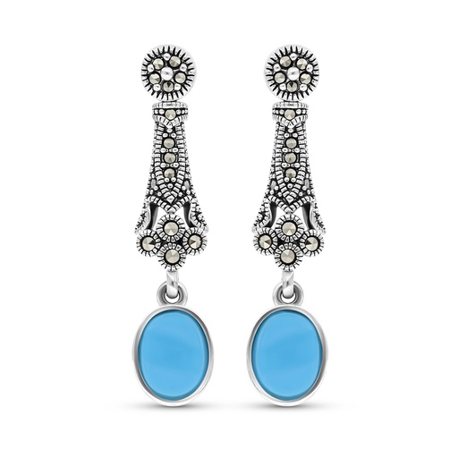 [EAR04MAR00TRQA389] Sterling Silver 925 Earring Embedded With Natural Processed Turquoise And Marcasite Stones