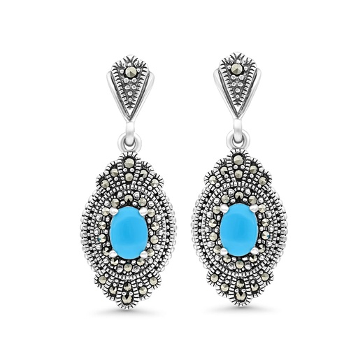 [EAR04MAR00TRQA391] Sterling Silver 925 Earring Embedded With Natural Processed Turquoise And Marcasite Stones