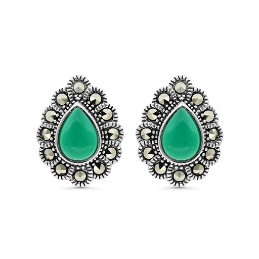 [EAR04MAR00GAGA392] Sterling Silver 925 Earring Embedded With Natural Green Agate And Marcasite Stones