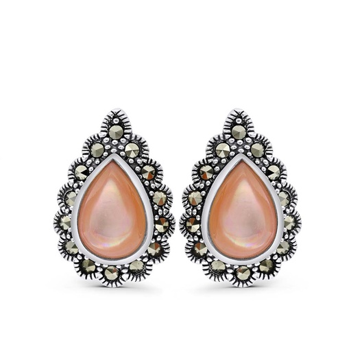 [EAR04MAR00PNKA393] Sterling Silver 925 Earring Embedded With Natural Pink Shell And Marcasite Stones