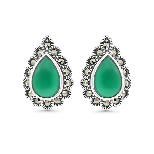 [EAR04MAR00GAGA393] Sterling Silver 925 Earring Embedded With Natural Green Agate And Marcasite Stones