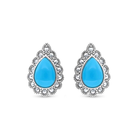 [EAR04MAR00TRQA393] Sterling Silver 925 Earring Embedded With Natural Processed Turquoise And Marcasite Stones