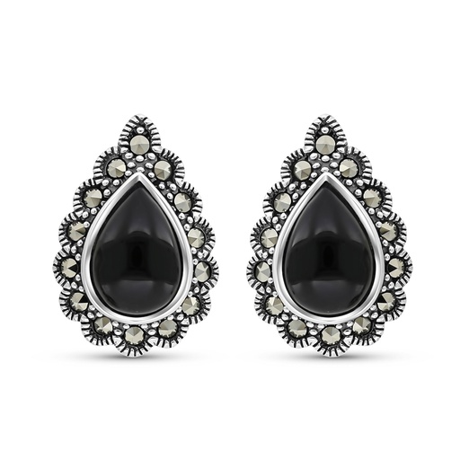 [EAR04MAR00ONXA393] Sterling Silver 925 Earring Embedded With Natural Black Agate And Marcasite Stones