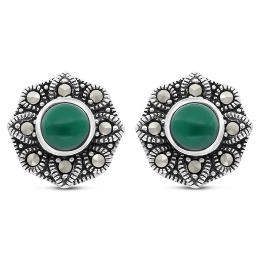 [EAR04MAR00GAGA396] Sterling Silver 925 Earring Embedded With Natural Green Agate And Marcasite Stones