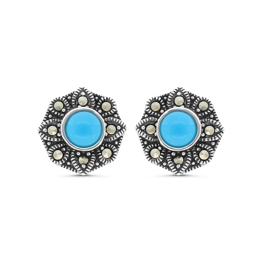 [EAR04MAR00TRQA396] Sterling Silver 925 Earring Embedded With Natural Processed Turquoise And Marcasite Stones