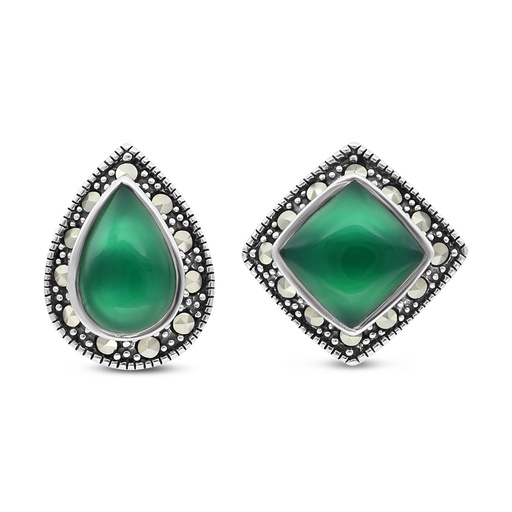 [EAR04MAR00GAGA400] Sterling Silver 925 Earring Embedded With Natural Green Agate And Marcasite Stones