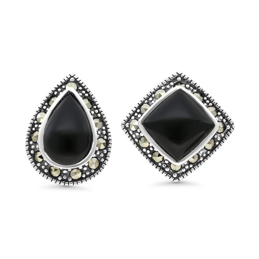 [EAR04MAR00ONXA400] Sterling Silver 925 Earring Embedded With Natural Black Agate And Marcasite Stones