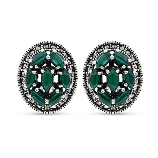 [EAR04MAR00GAGA401] Sterling Silver 925 Earring Embedded With Natural Green Agate And Marcasite Stones