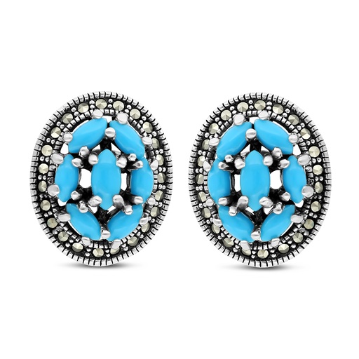 [EAR04MAR00TRQA401] Sterling Silver 925 Earring Embedded With Natural Processed Turquoise And Marcasite Stones