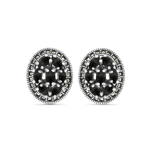 [EAR04MAR00ONXA401] Sterling Silver 925 Earring Embedded With Natural Black Agate And Marcasite Stones