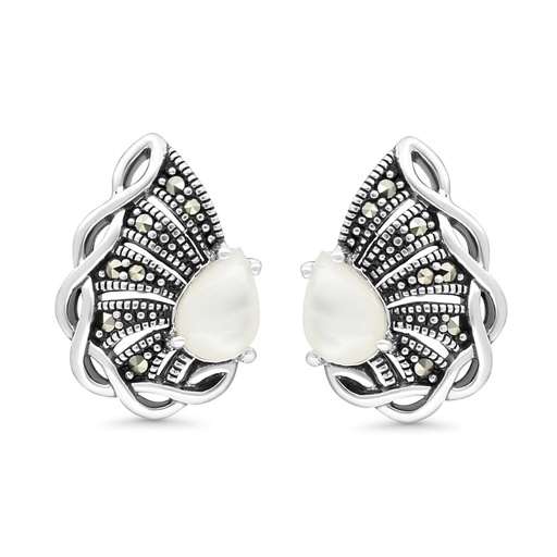 [EAR04MAR00MOPA403] Sterling Silver 925 Earring Embedded With Natural White Shell And Marcasite Stones