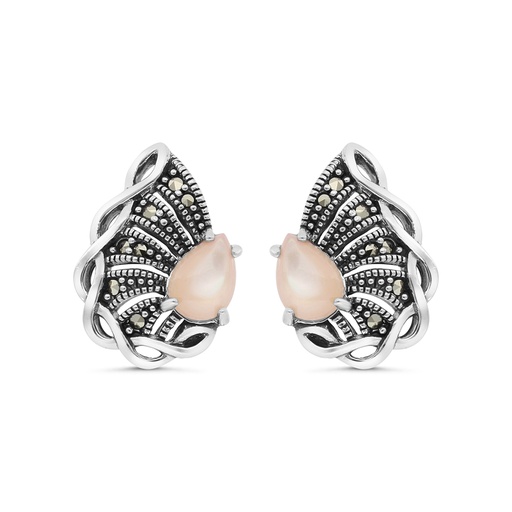 [EAR04MAR00PNKA403] Sterling Silver 925 Earring Embedded With Natural Pink Shell And Marcasite Stones