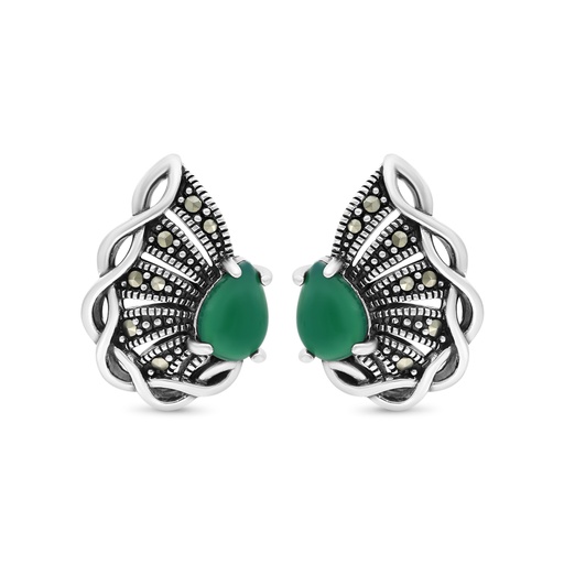 [EAR04MAR00GAGA403] Sterling Silver 925 Earring Embedded With Natural Green Agate And Marcasite Stones