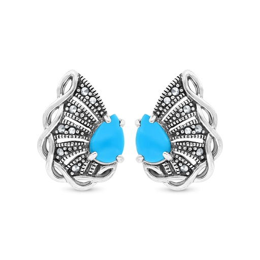 [EAR04MAR00TRQA403] Sterling Silver 925 Earring Embedded With Natural Processed Turquoise And Marcasite Stones