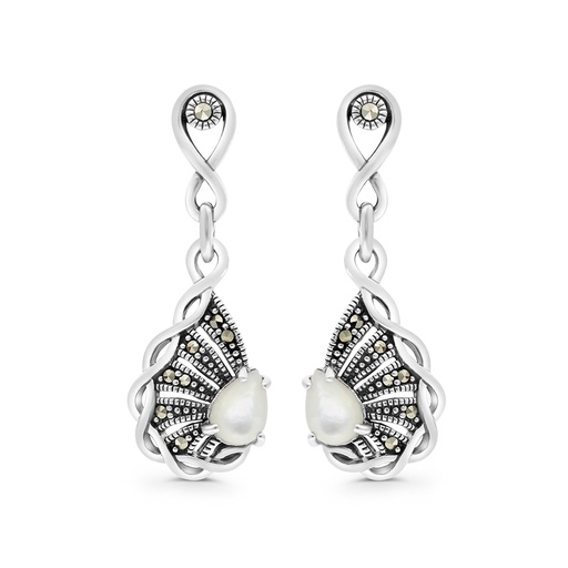 [EAR04MAR00MOPA404] Sterling Silver 925 Earring Embedded With Natural White Shell And Marcasite Stones