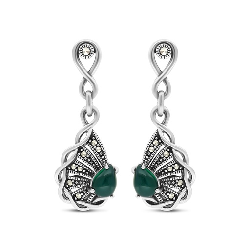 [EAR04MAR00GAGA404] Sterling Silver 925 Earring Embedded With Natural Green Agate And Marcasite Stones