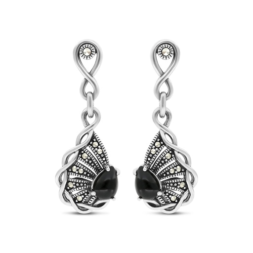 [EAR04MAR00ONXA404] Sterling Silver 925 Earring Embedded With Natural Black Agate And Marcasite Stones
