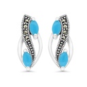 Sterling Silver 925 Earring Embedded With Natural Processed Turquoise And Marcasite Stones