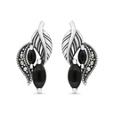 Sterling Silver 925 Earring Embedded With Natural Black Agate And Marcasite Stones