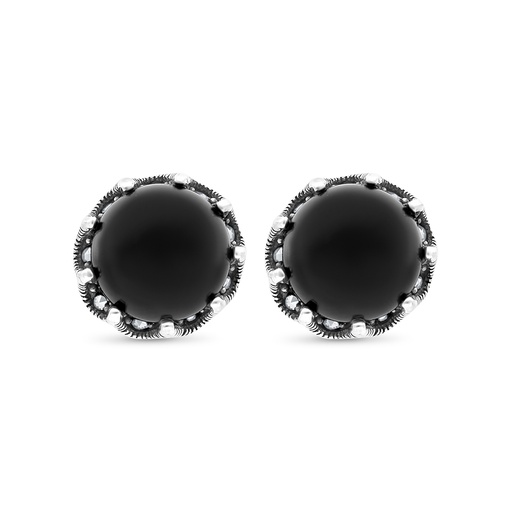 [EAR04MAR00ONXA407] Sterling Silver 925 Earring Embedded With Natural Black Agate And Marcasite Stones