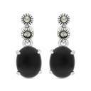 Sterling Silver 925 Earring Embedded With Natural Black Agate And Marcasite Stones