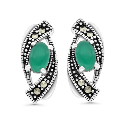[EAR04MAR00GAGA413] Sterling Silver 925 Earring Embedded With Natural Green Agate And Marcasite Stones