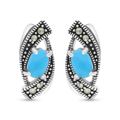 [EAR04MAR00TRQA413] Sterling Silver 925 Earring Embedded With Natural Processed Turquoise And Marcasite Stones