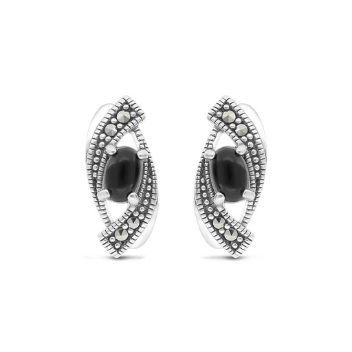 [EAR04MAR00ONXA413] Sterling Silver 925 Earring Embedded With Natural Black Agate And Marcasite Stones