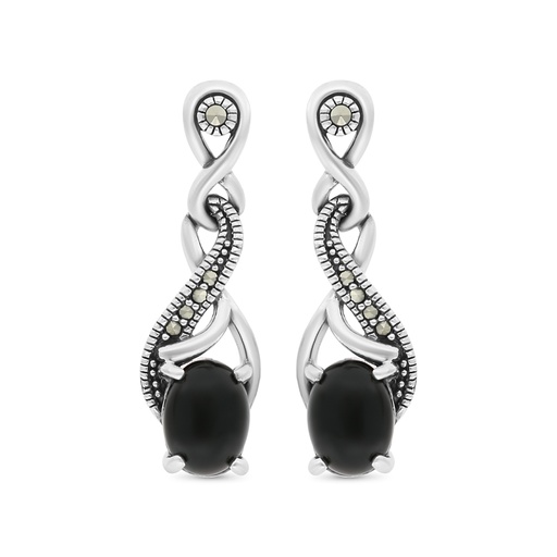 [EAR04MAR00ONXA414] Sterling Silver 925 Earring Embedded With Natural Black Agate And Marcasite Stones