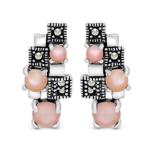[EAR04MAR00PNKA415] Sterling Silver 925 Earring Embedded With Natural Pink Shell And Marcasite Stones