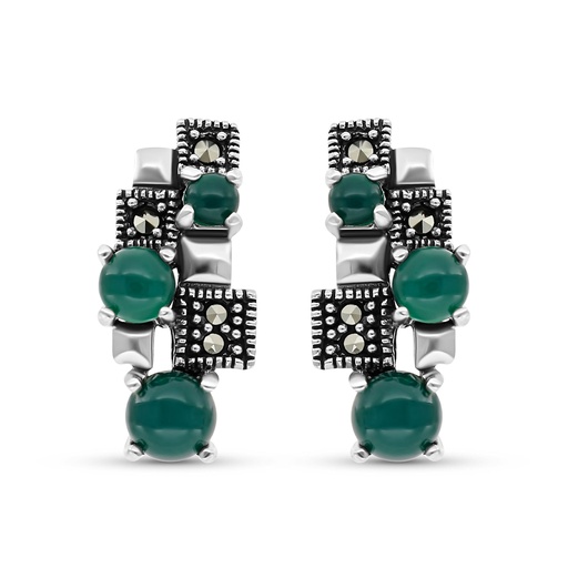 [EAR04MAR00GAGA415] Sterling Silver 925 Earring Embedded With Natural Green Agate And Marcasite Stones