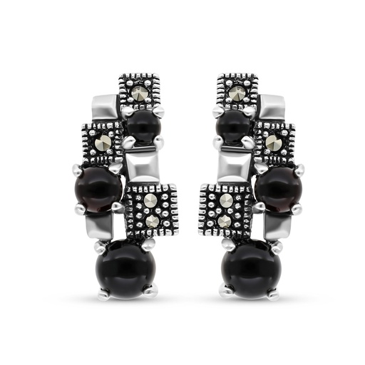 [EAR04MAR00ONXA415] Sterling Silver 925 Earring Embedded With Natural Black Agate And Marcasite Stones